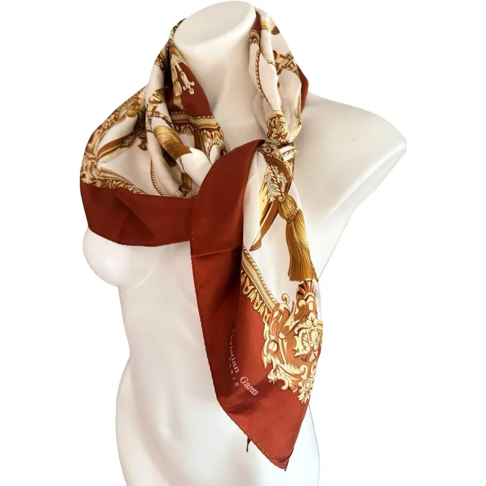 Vintage Christian Garets Paris Silk Scarf Ivory Brown Gold Swords Arms Baroque